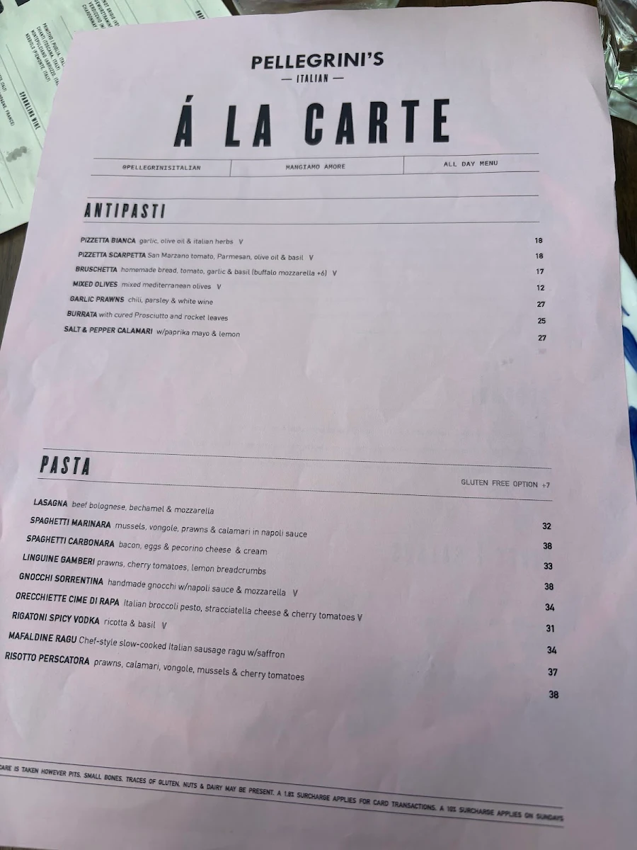 Menu, Pellegrini's Italian Chatswood