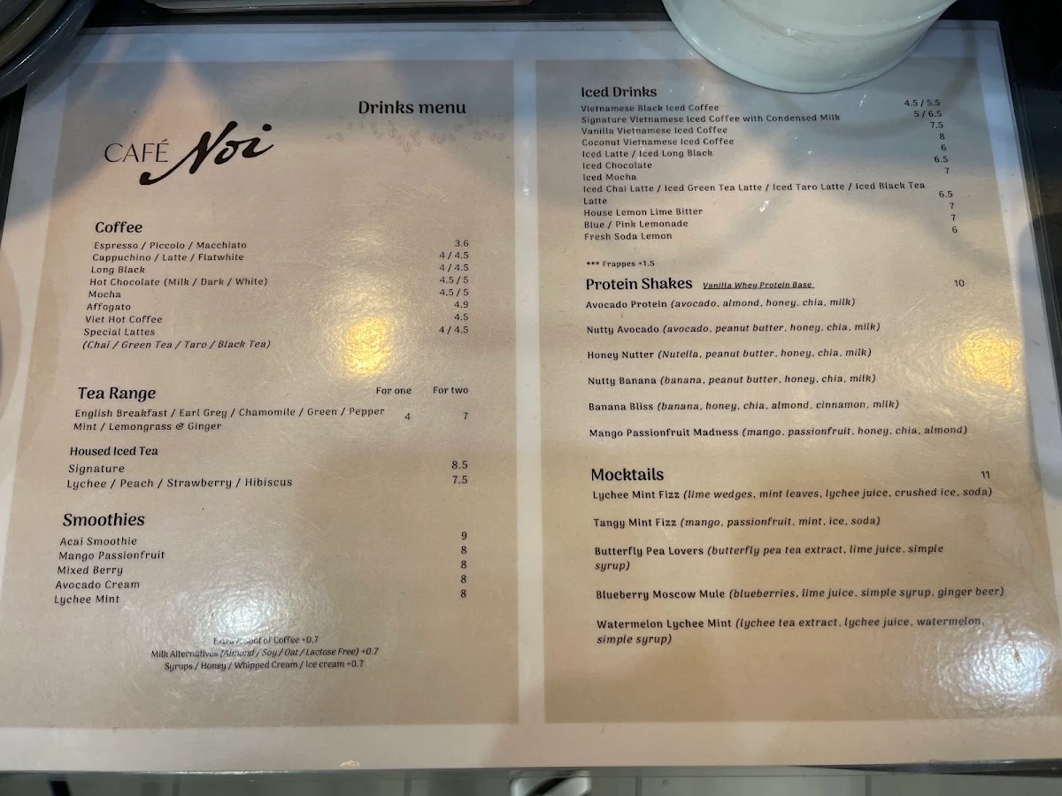 Menu, Cafe Noi