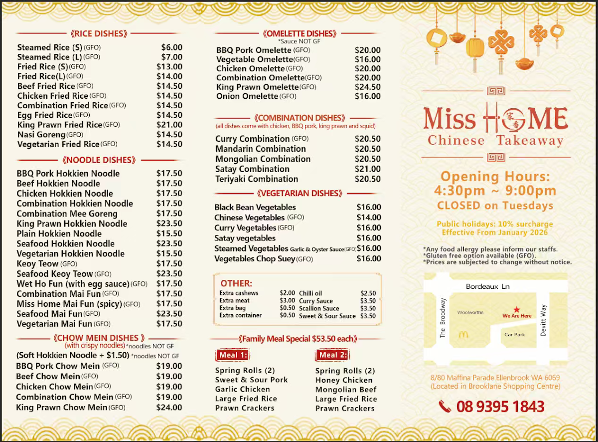Menu, Miss Home Chinese Takeaway