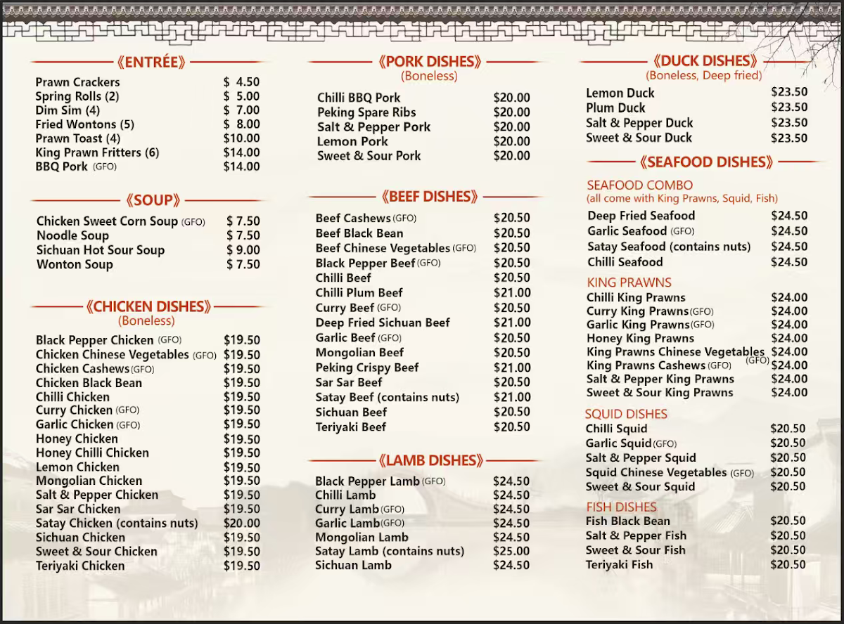 Menu, Miss Home Chinese Takeaway