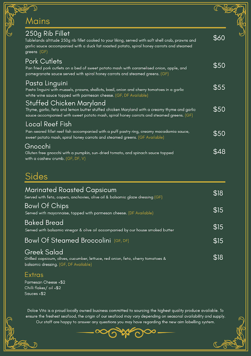 Menu, Dolce vita Tablelands