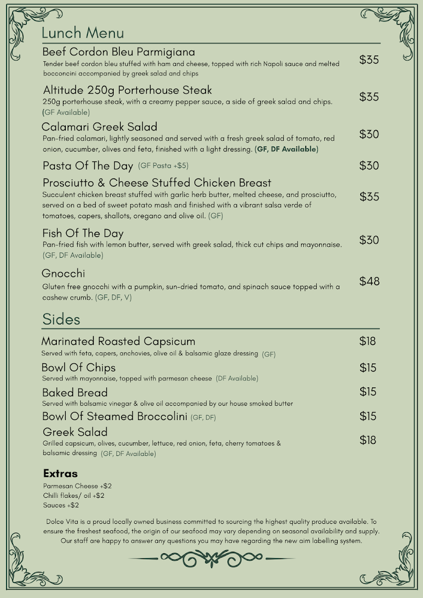 Menu, Dolce vita Tablelands