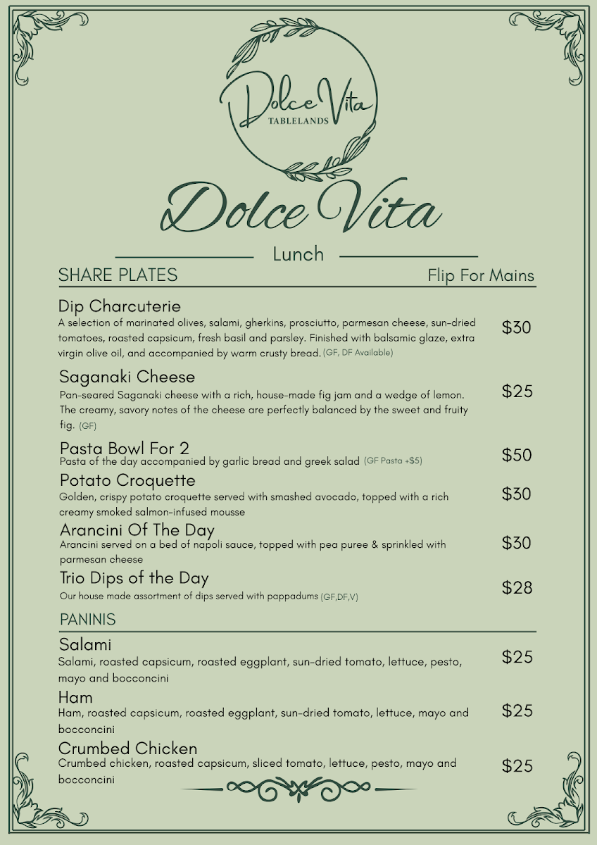 Menu, Dolce vita Tablelands