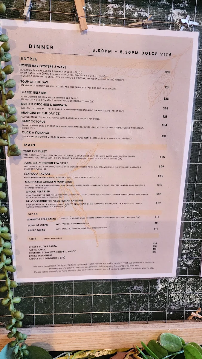 Menu, Dolce vita Tablelands