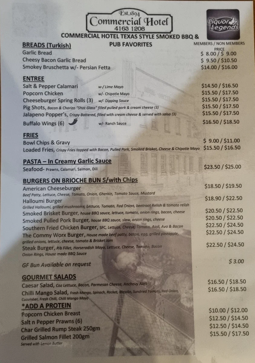 Menu, Commercial Hotel
