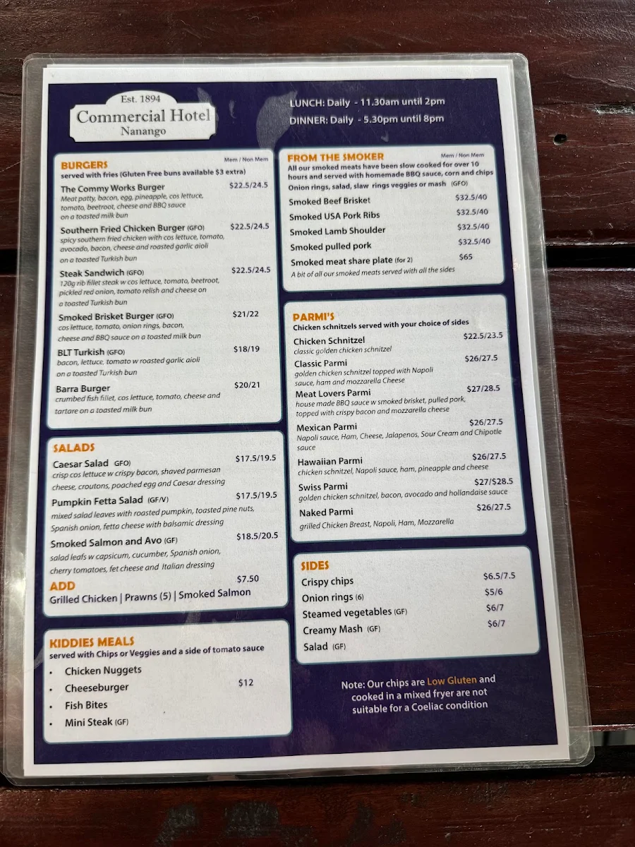 Menu, Commercial Hotel