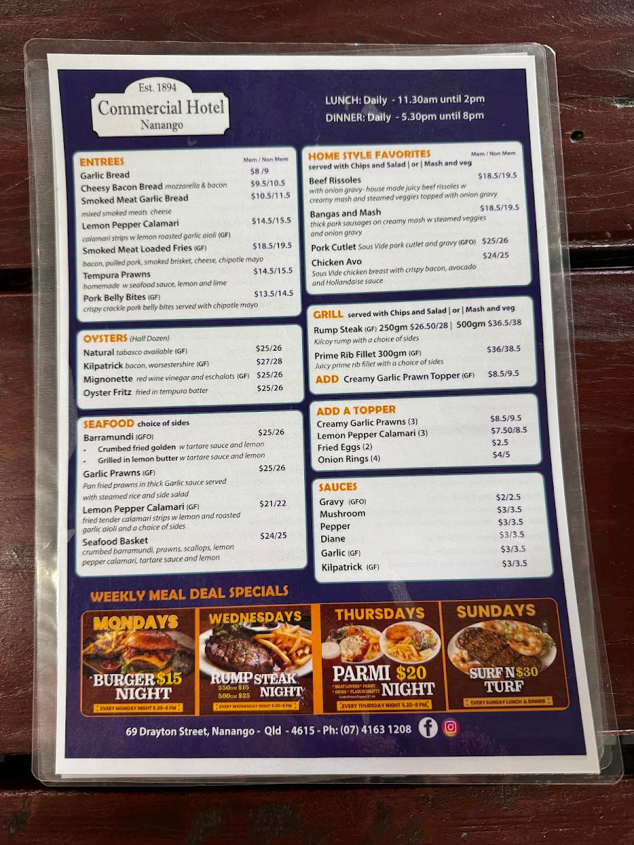 Menu, Commercial Hotel