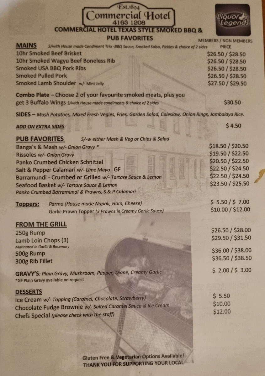 Menu, Commercial Hotel