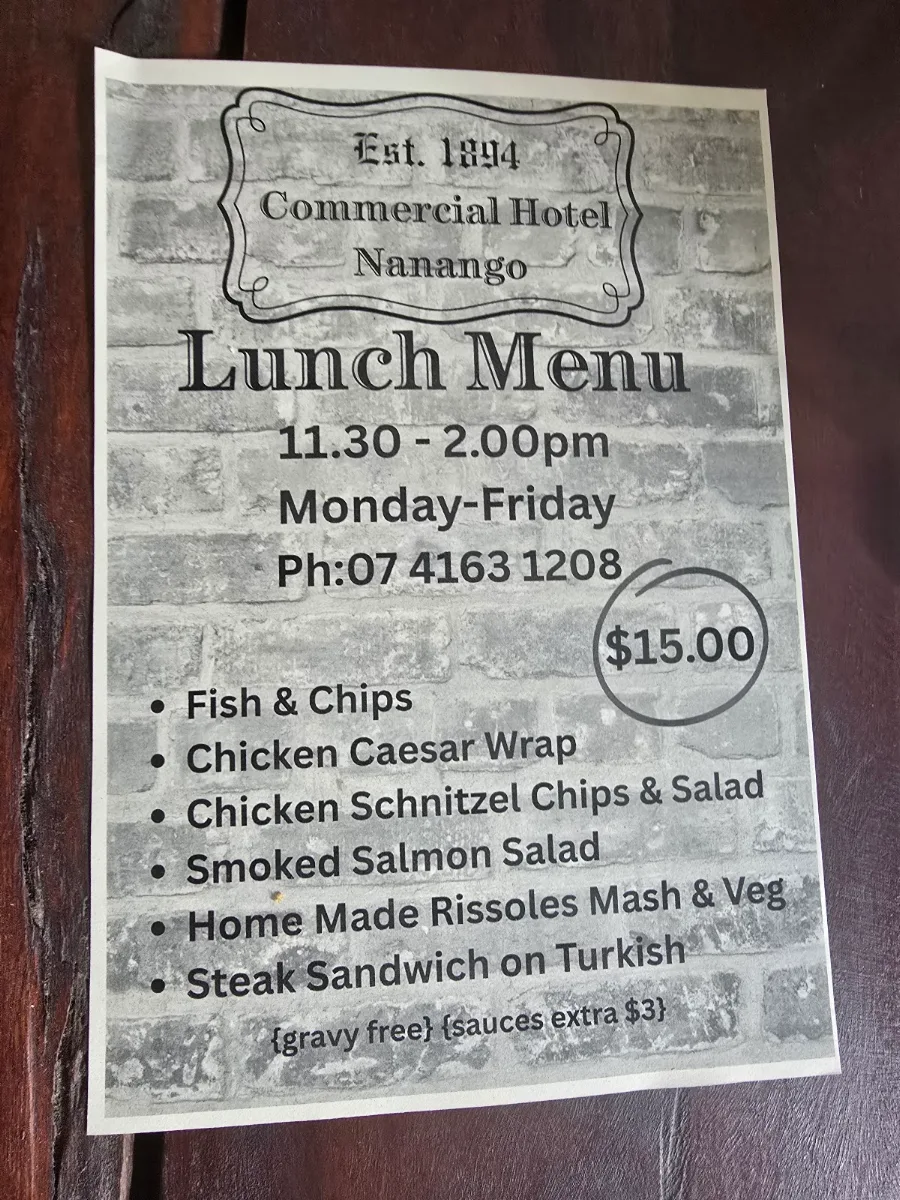 Menu, Commercial Hotel