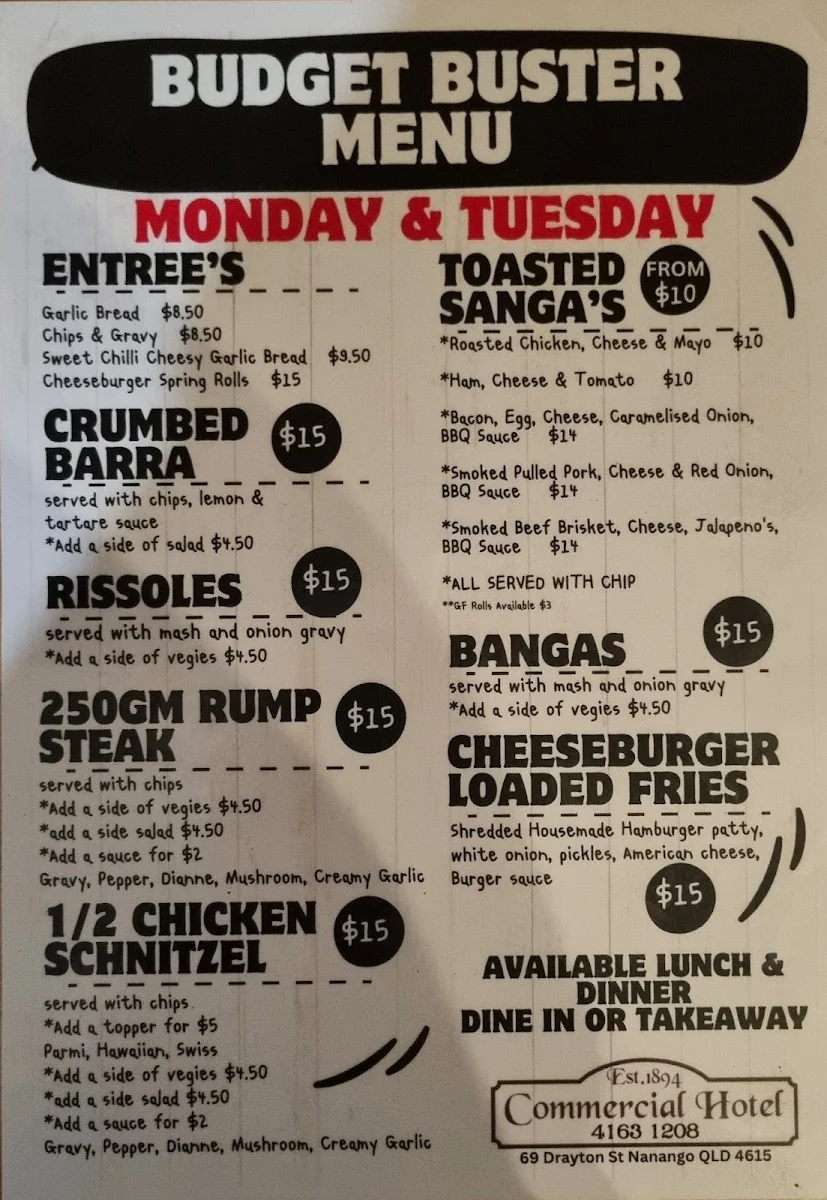 Menu, Commercial Hotel
