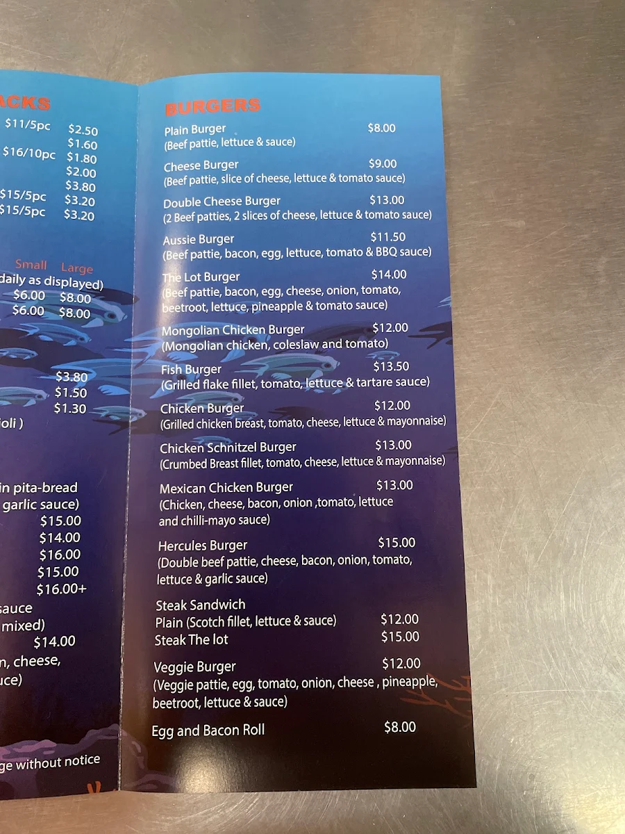 Menu, Go Fish Fish & Chip Shop Mornington