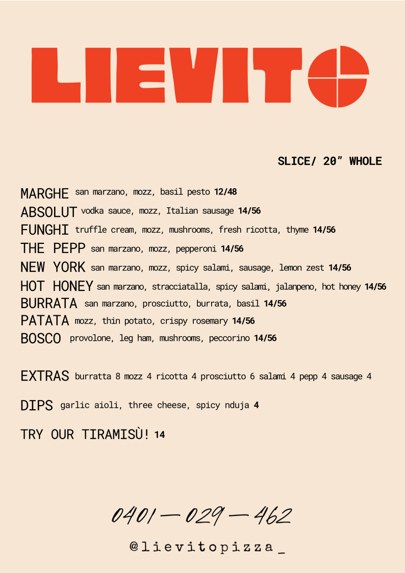 Menu, Lievito Pizza
