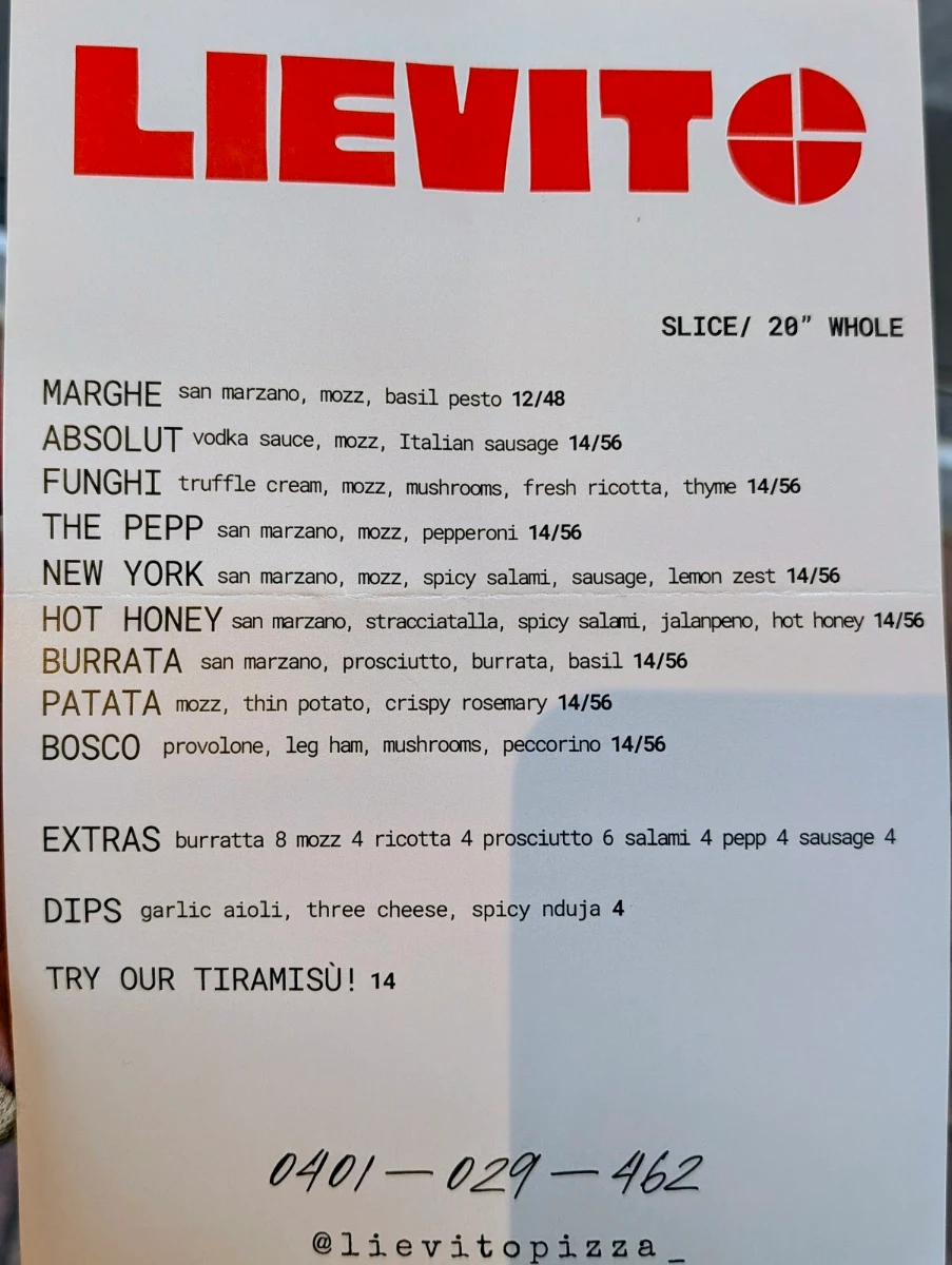 Menu, Lievito Pizza