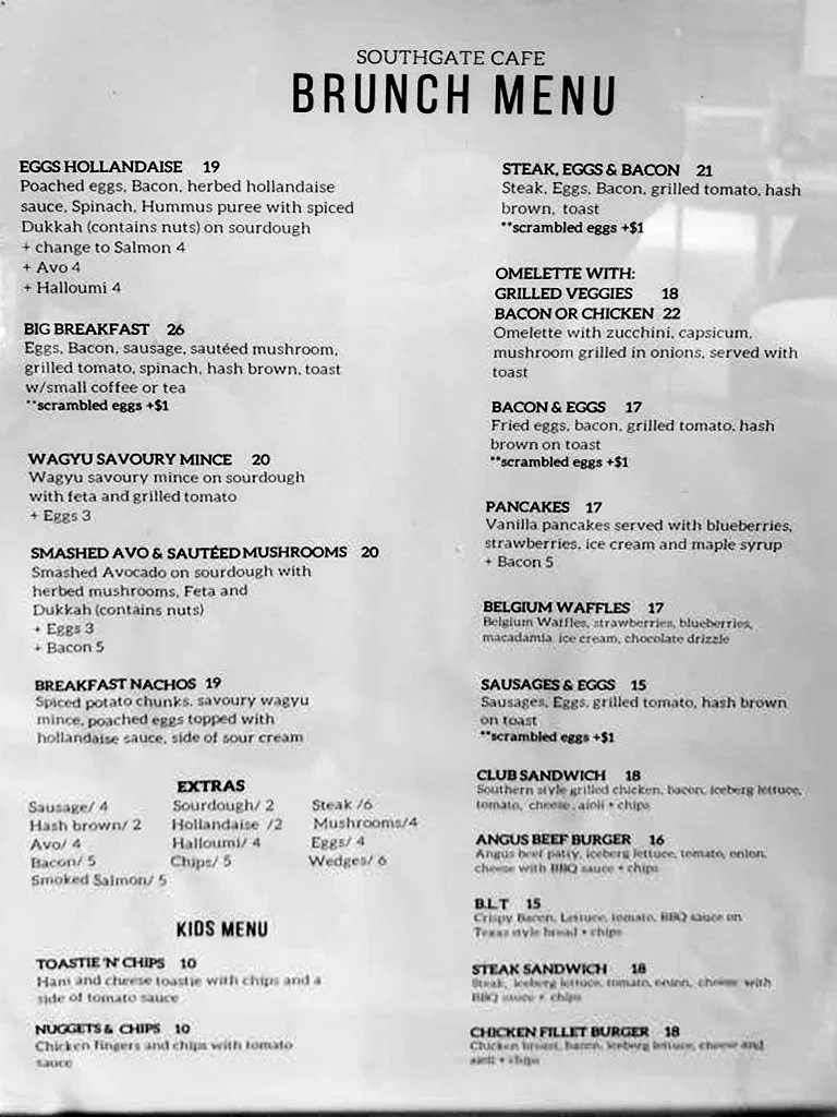 Menu, Southgate Cafe