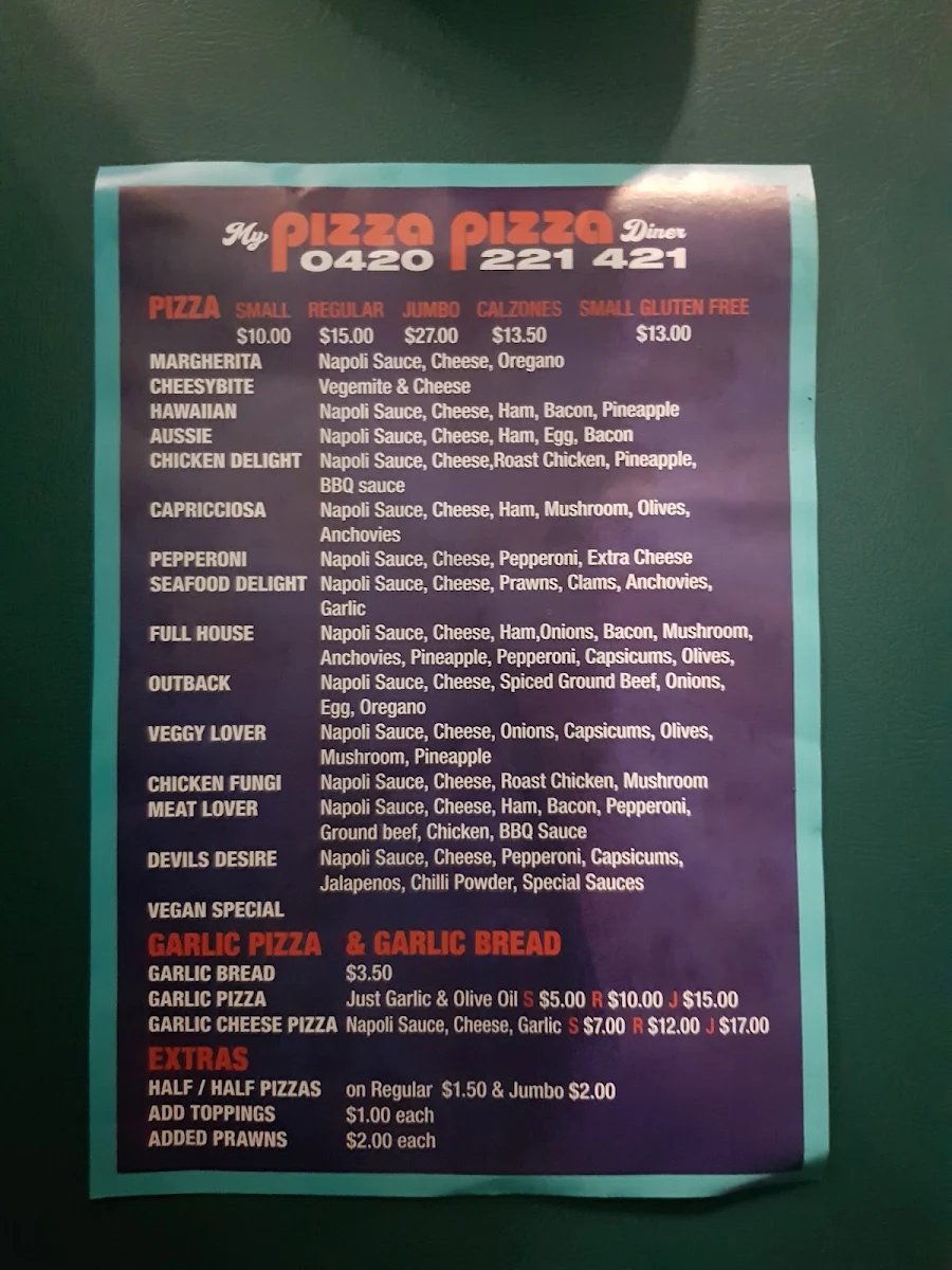Menu, My Pizza Pizza Diner Hillcrest