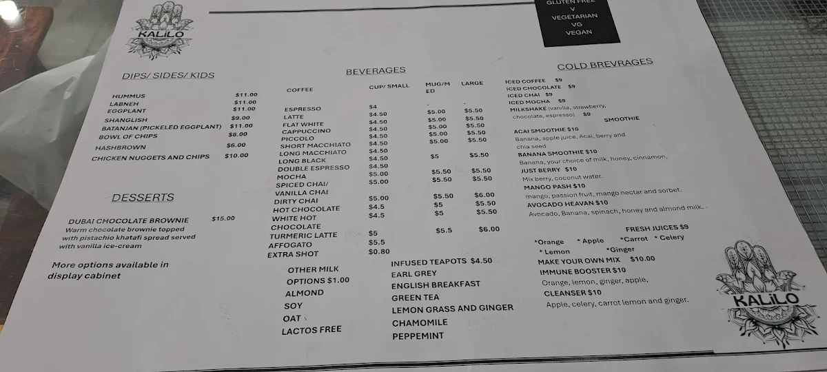Menu, KALILO CAFE
