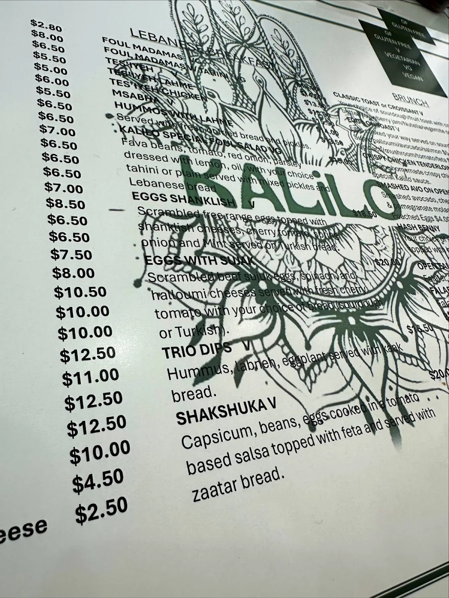 Menu, KALILO CAFE