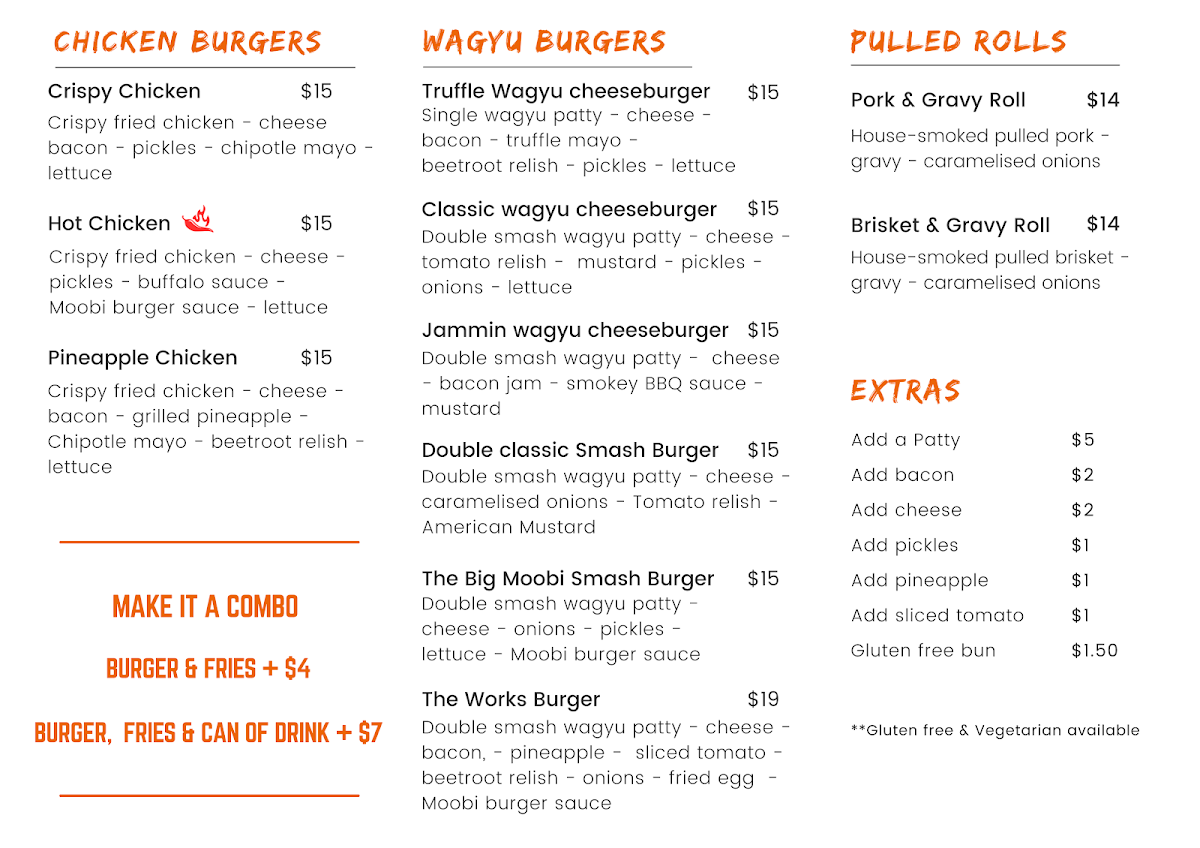 Menu, Moobi Burgers Wamberal