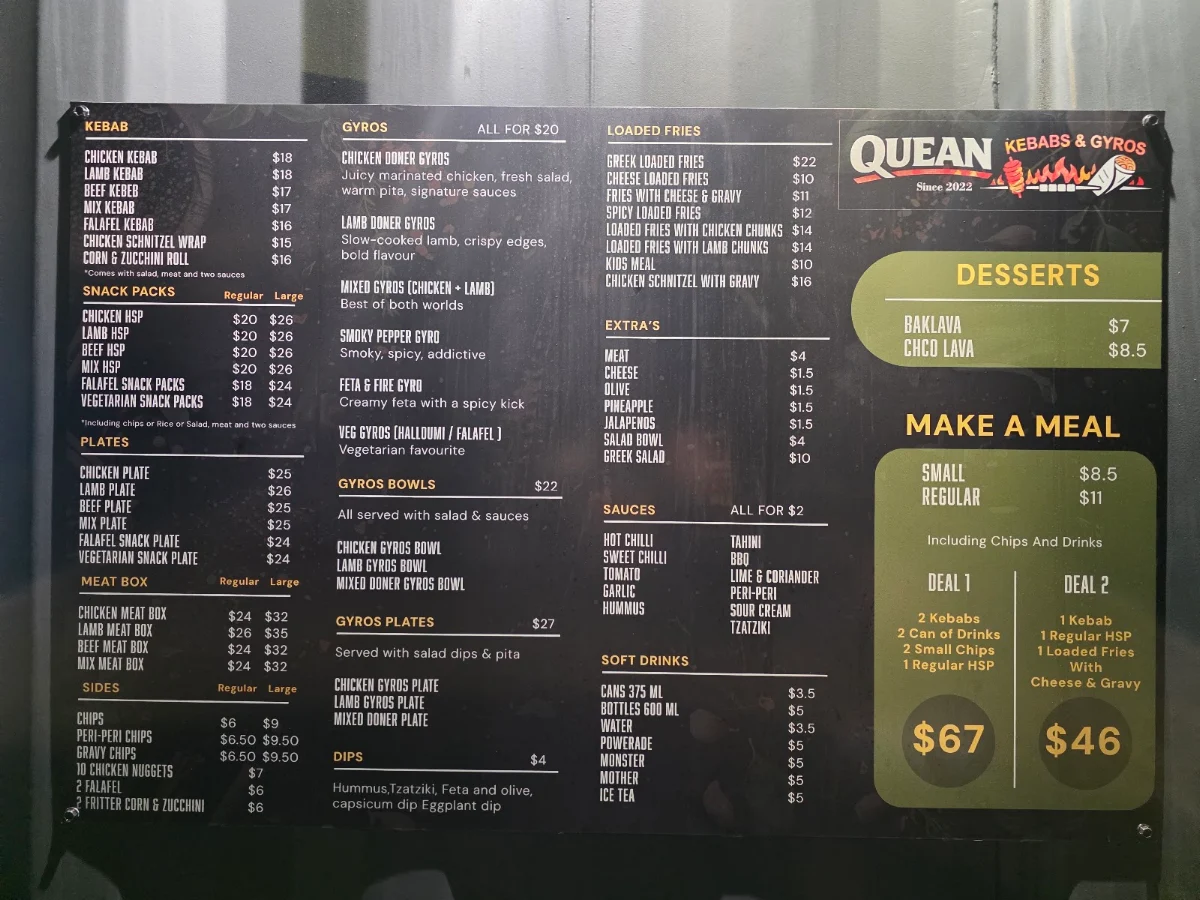Menu, Quean Kebabs & Gyros Queanbeyan