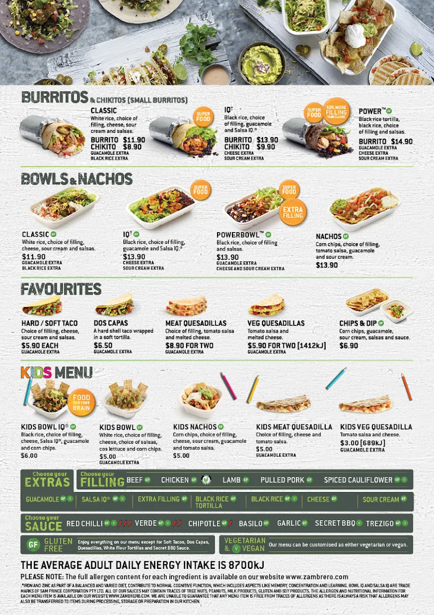 Menu, Zambrero Warrnambool