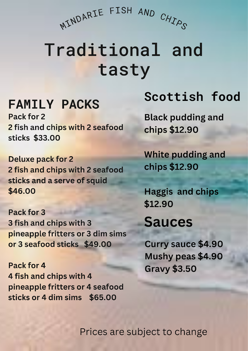 Menu, Mindarie Keys Fish & Chips