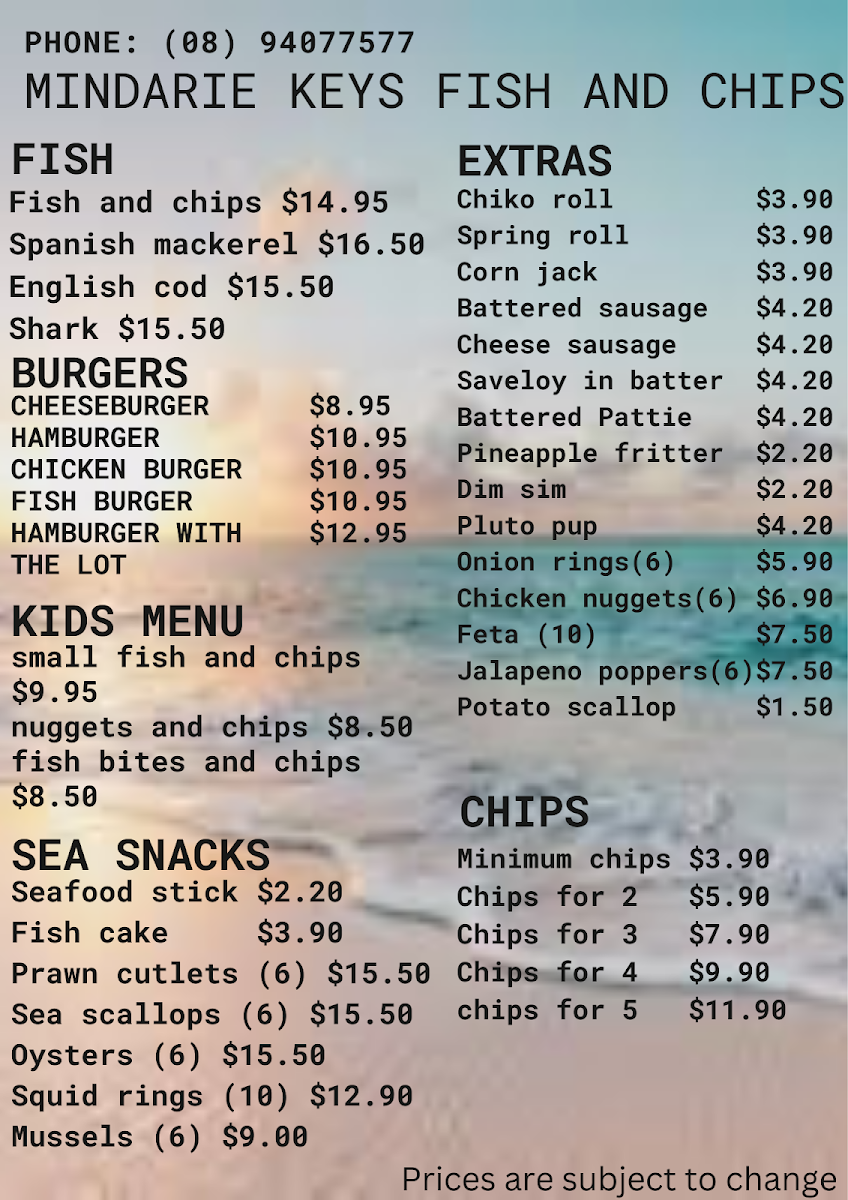 Menu, Mindarie Keys Fish & Chips