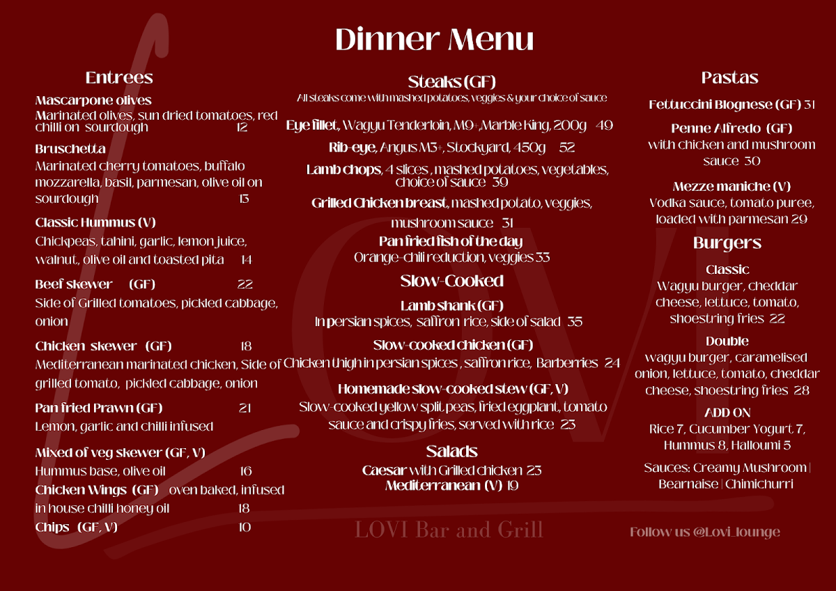 Menu, LOVI cafe bar and grill