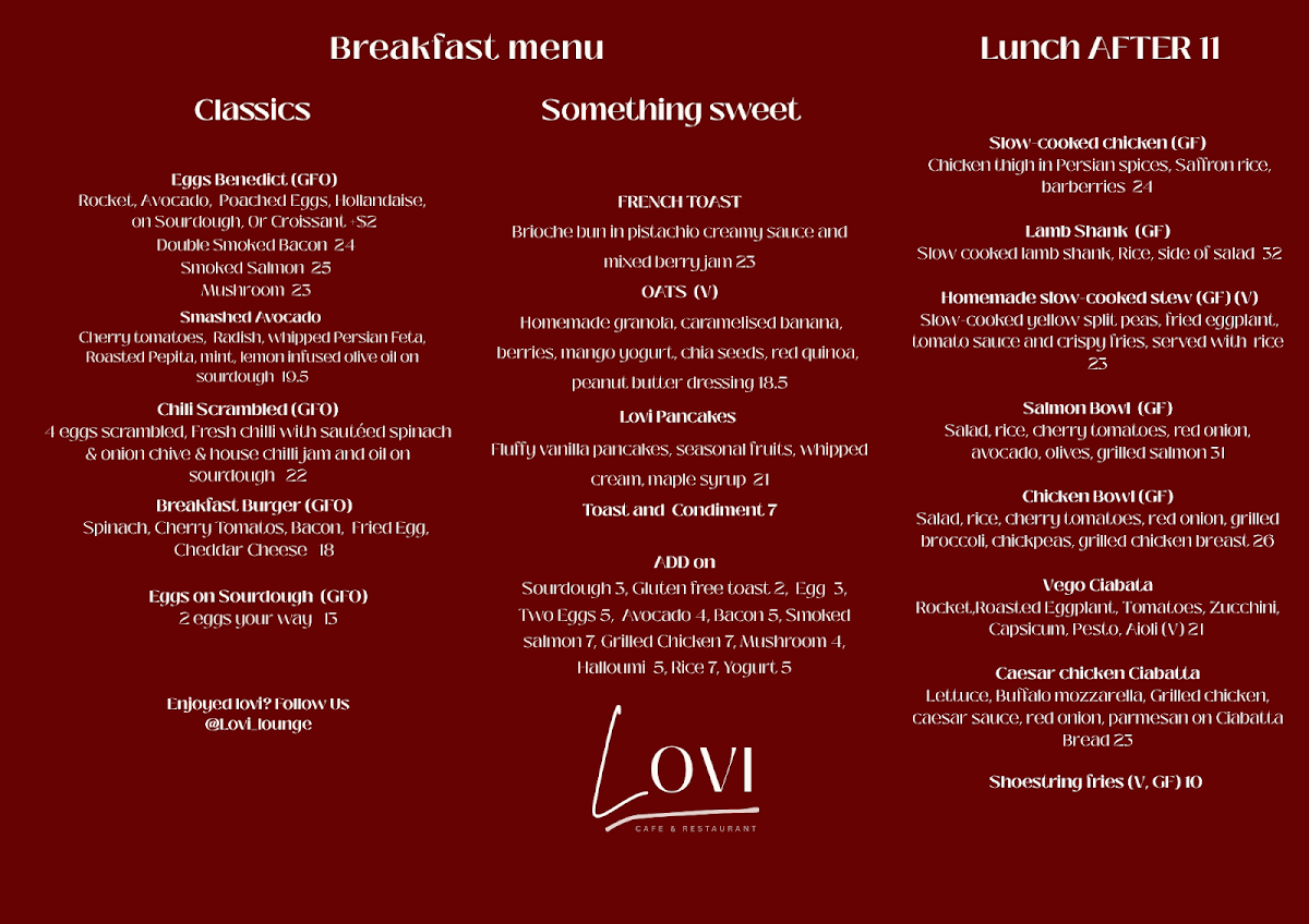 Menu, LOVI cafe bar and grill
