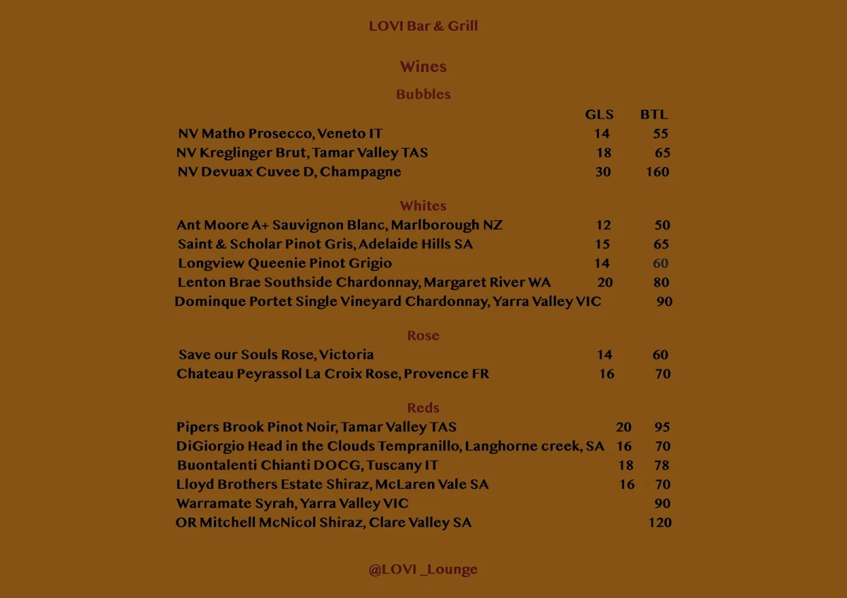 Menu, LOVI cafe bar and grill