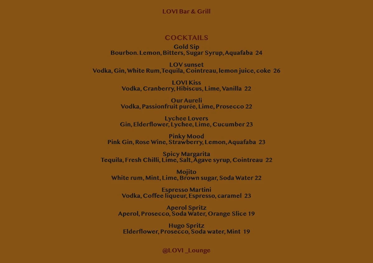 Menu, LOVI cafe bar and grill
