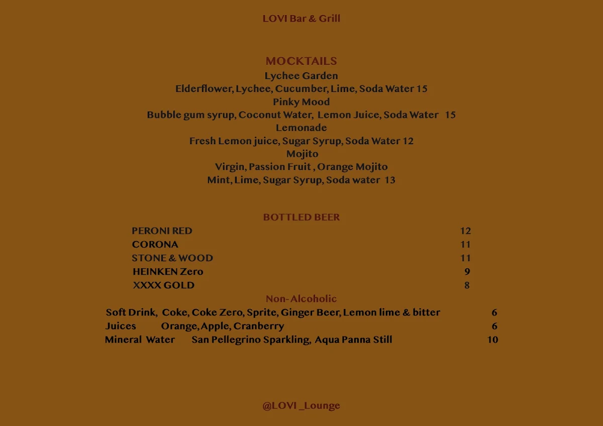 Menu, LOVI cafe bar and grill