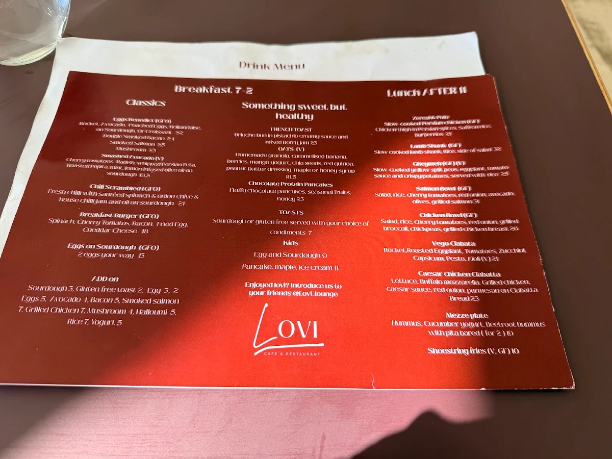 Menu, LOVI cafe bar and grill