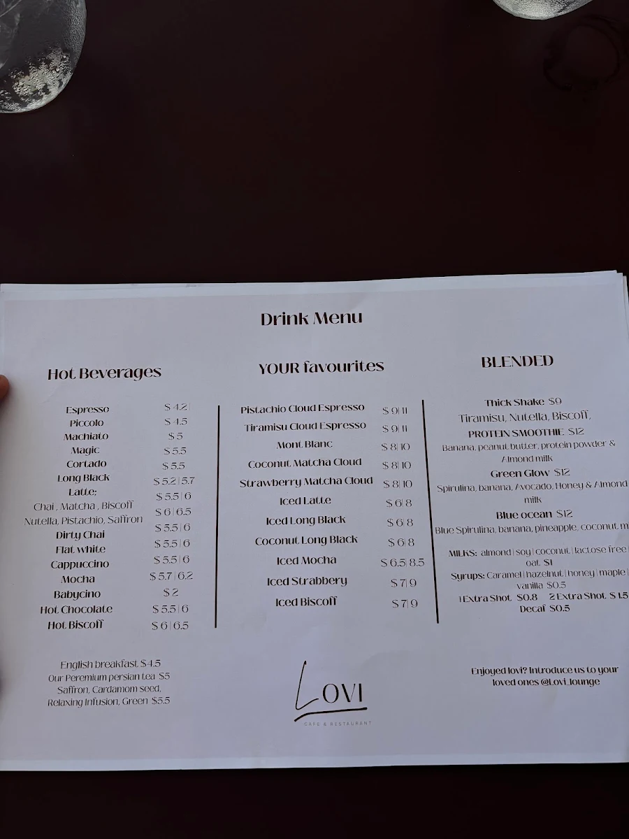 Menu, LOVI cafe bar and grill