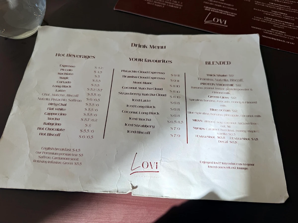 Menu, LOVI cafe bar and grill