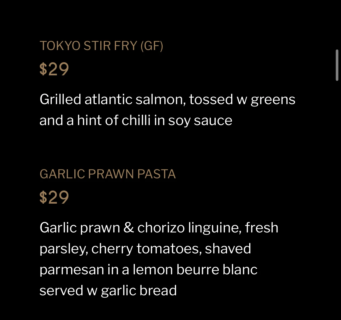 Menu, Table 1 Espresso Speers Point