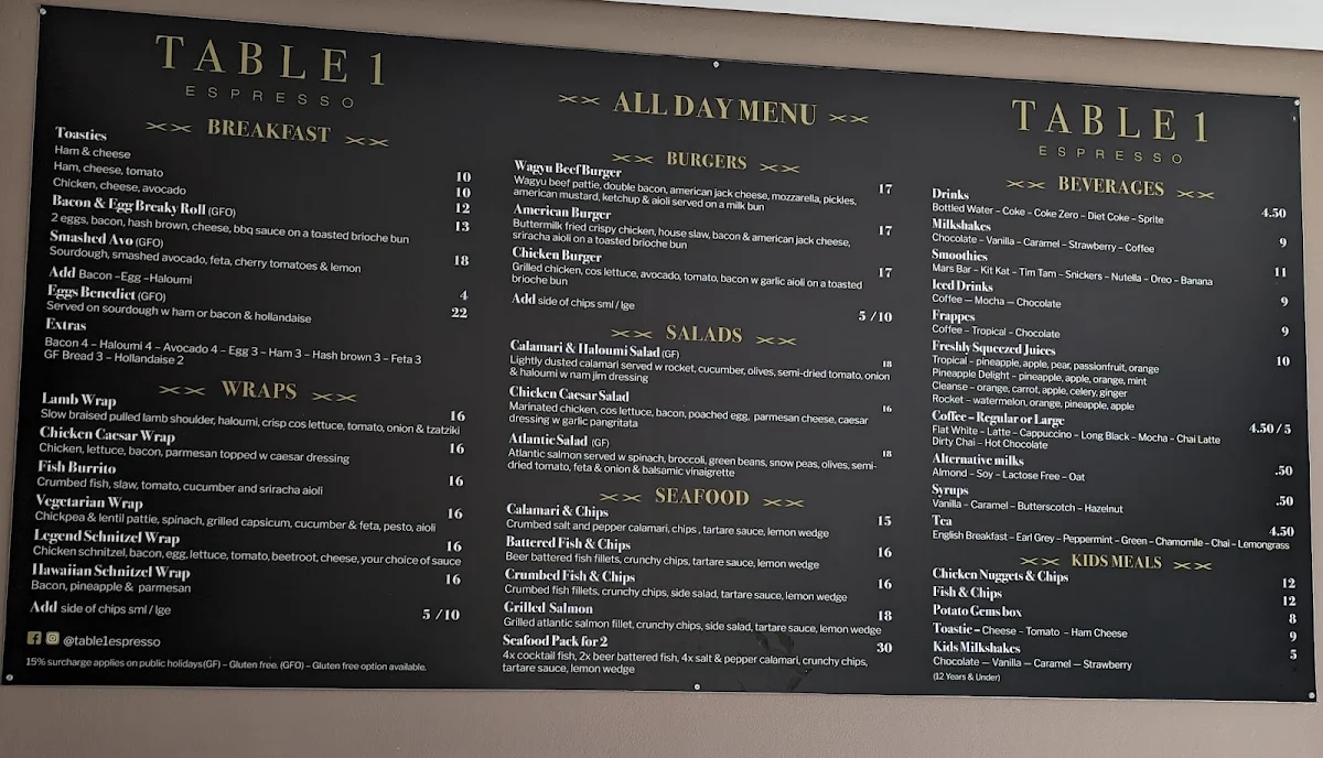 Menu, Table 1 Espresso Speers Point