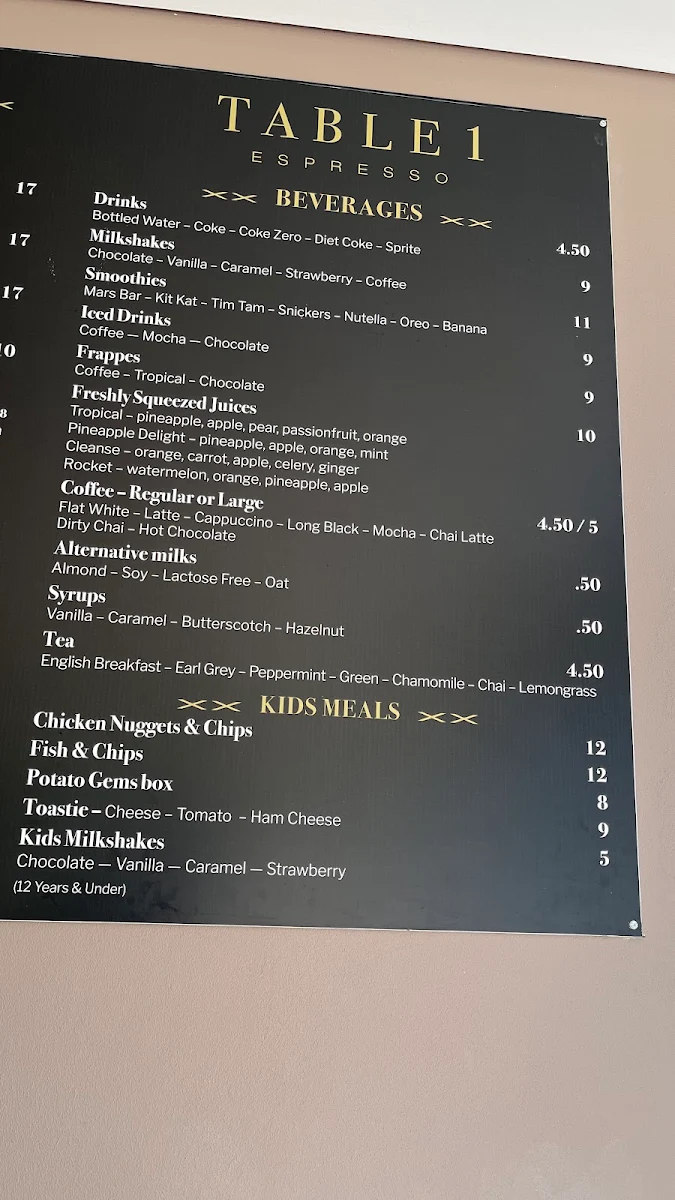 Menu, Table 1 Espresso Speers Point