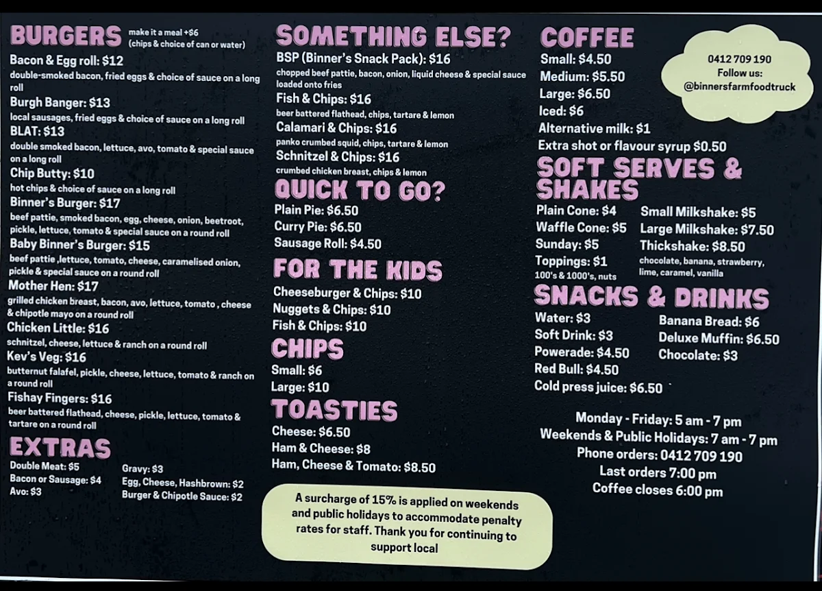 Menu, Binners Farm Food Truck