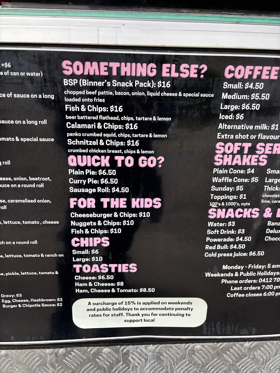 Menu, Binners Farm Food Truck