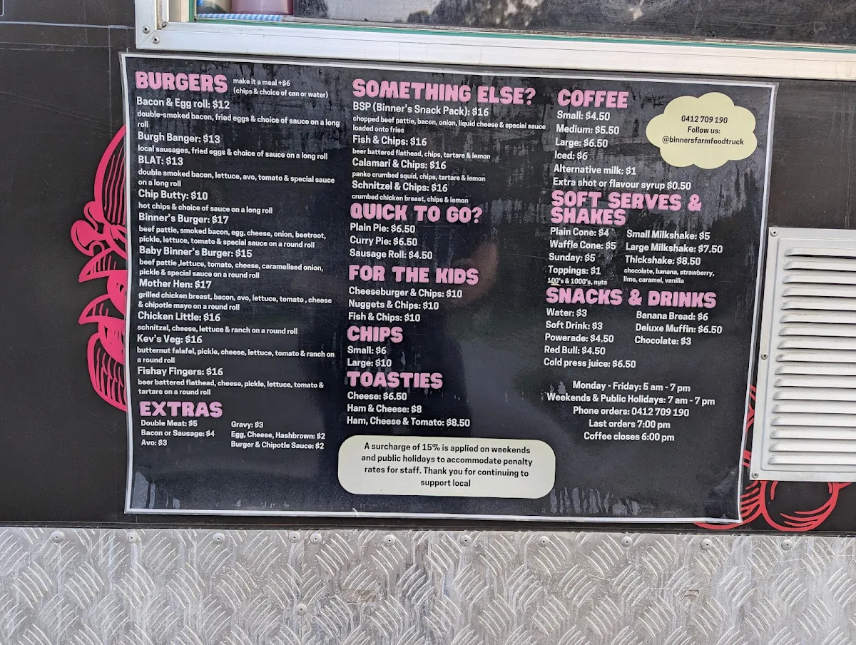 Menu, Binners Farm Food Truck