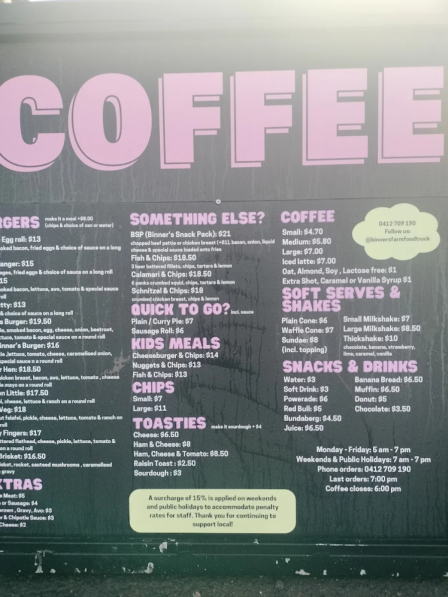 Menu, Binners Farm Food Truck
