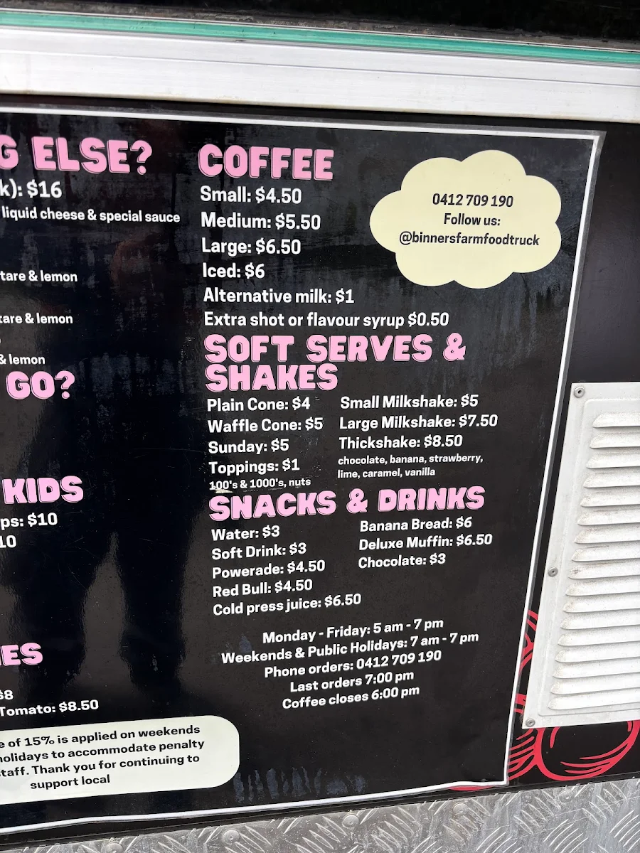 Menu, Binners Farm Food Truck