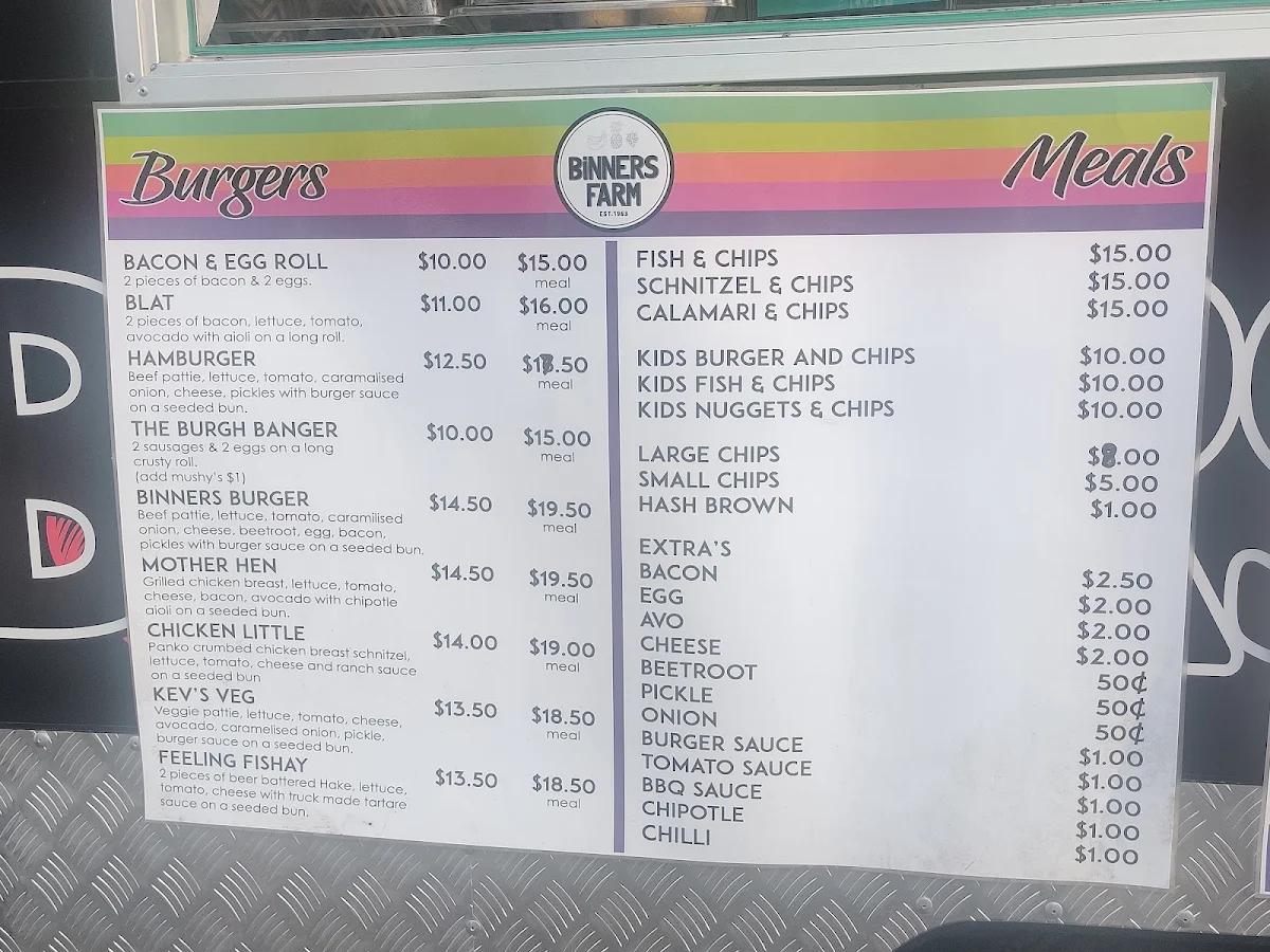 Menu, Binners Farm Food Truck