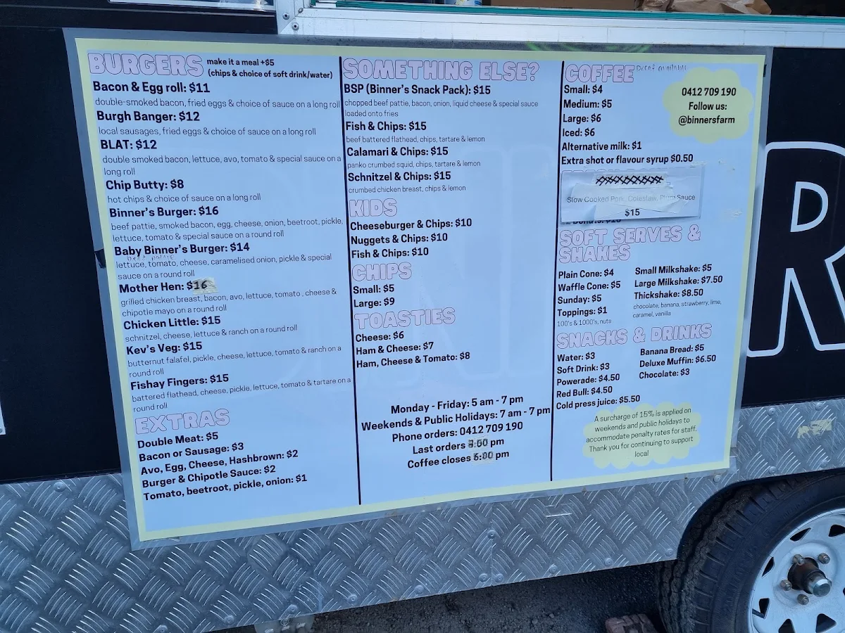 Menu, Binners Farm Food Truck