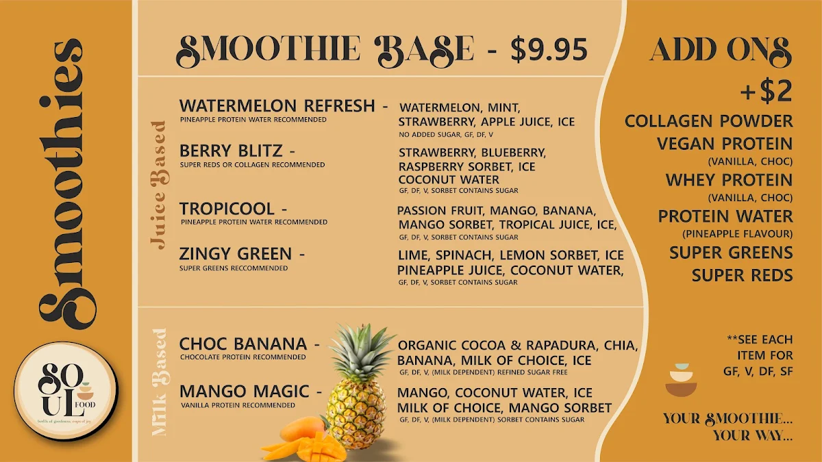 Menu, Soul Food Batemans Bay - Salad and smoothie bar