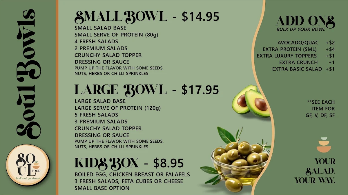 Menu, Soul Food Batemans Bay - Salad and smoothie bar