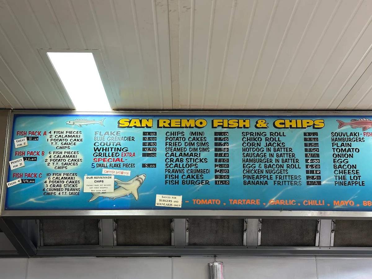 Menu, FJ's Fish & Chips