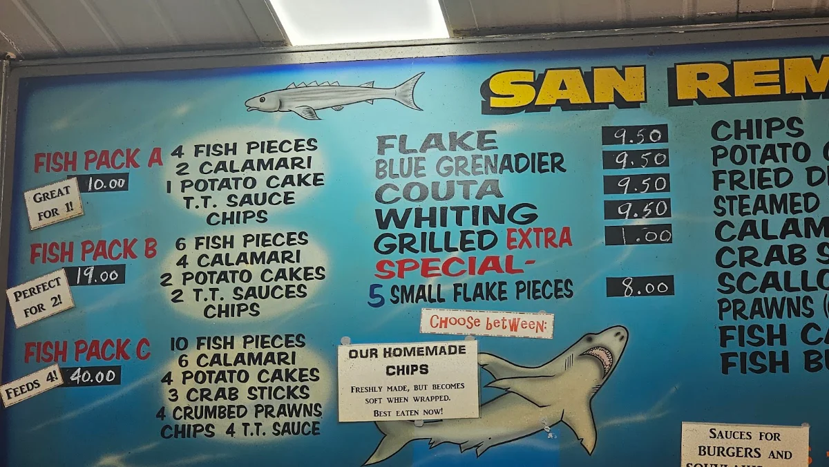Menu, FJ's Fish & Chips
