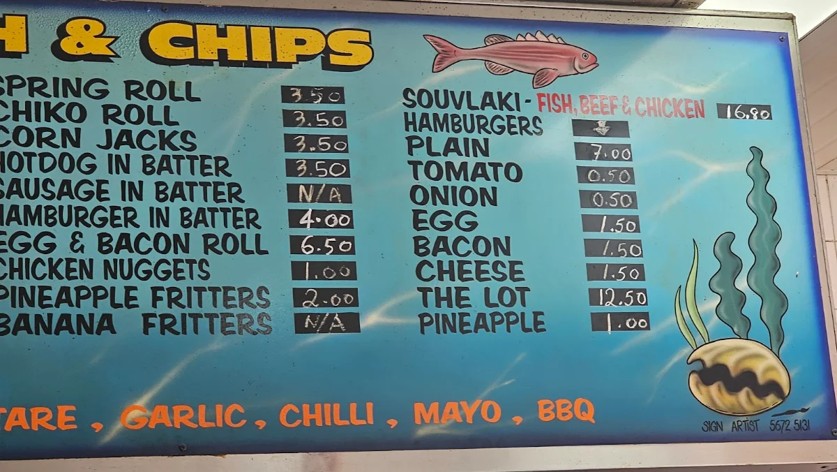 Menu, FJ's Fish & Chips