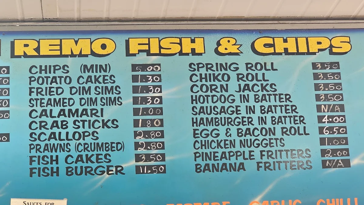 Menu, FJ's Fish & Chips